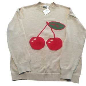 Cherry Sweater Cream Knit Distressed 100% Cotton S/M NWT Slouchy Indie Retro